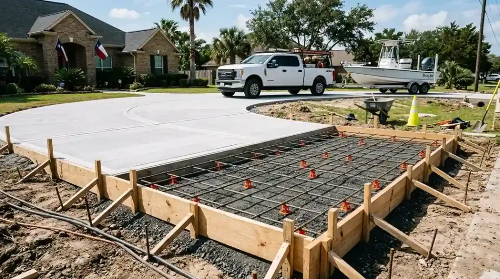 6-inch reinforced concrete driveway form with chaired steel rebar grid over compacted sand base for trucks and boat trailers in Texas