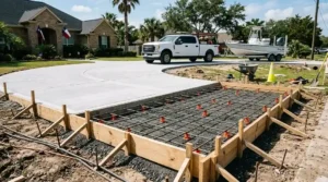 6-inch reinforced concrete driveway form with chaired steel rebar grid over compacted sand base for trucks and boat trailers in Texas