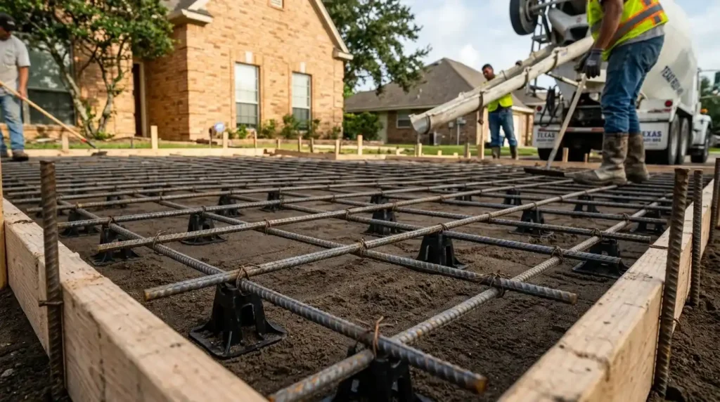 Deformed steel rebar grid tied on plastic support chairs inside a concrete driveway form over compacted sand base in Southeast Texas