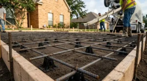 Deformed steel rebar grid tied on plastic support chairs inside a concrete driveway form over compacted sand base in Southeast Texas